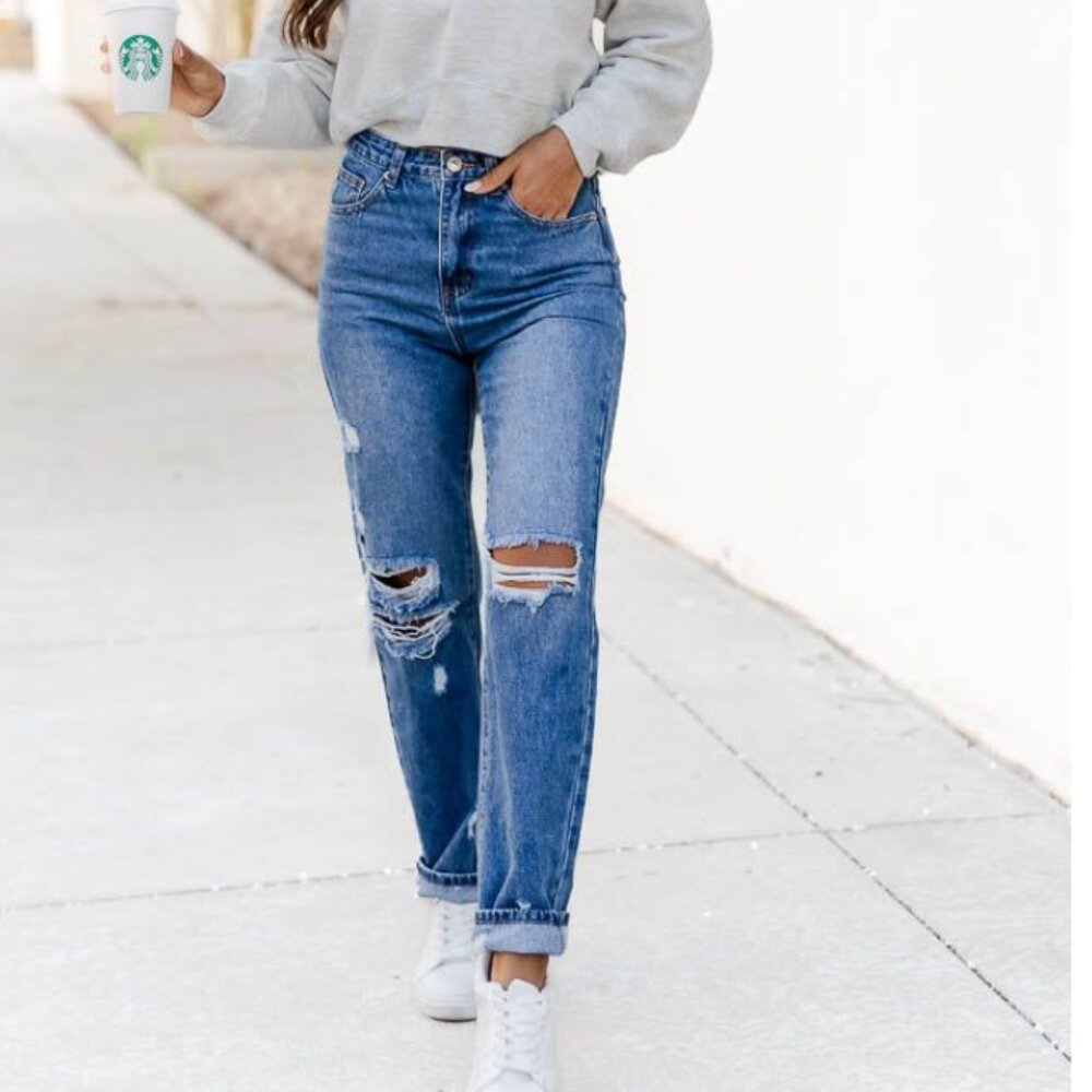 Womens Dark Wash Distressed Straight Leg Jeans